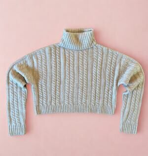 JONDIE Cable Knit Turtleneck Cropped Sweater | Beige | Women’s Small | Boxy Fit